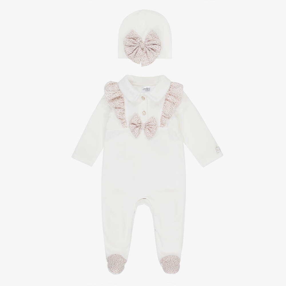 Jamiks-Girls Ivory & Pink Velour Floral Bow Babysuit Set | Childrensalon Outlet