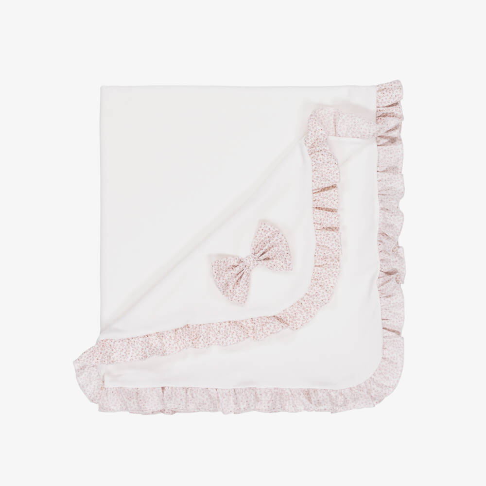 Jamiks-Girls Ivory & Pink Velour Floral Bow Blanket (85cm) | Childrensalon Outlet