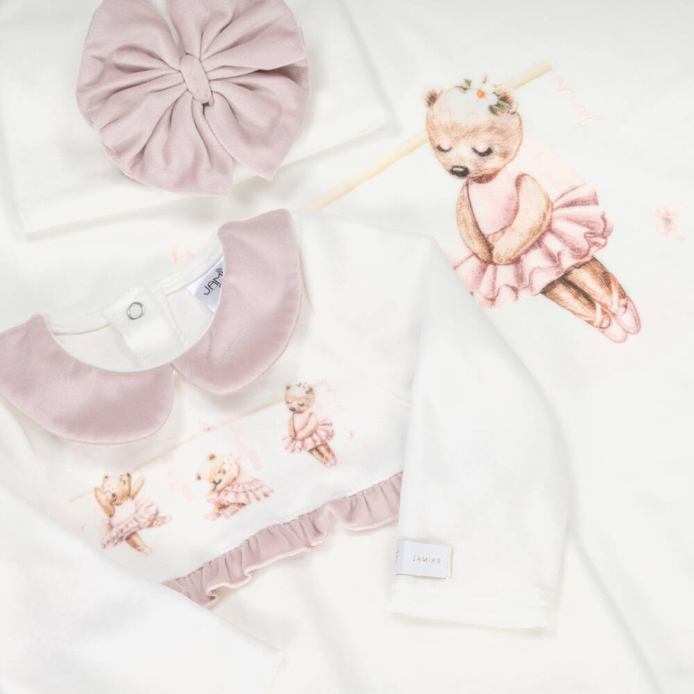Jamiks-Girls Ivory Velour Ballerina Bear Babysuit Set | Childrensalon Outlet