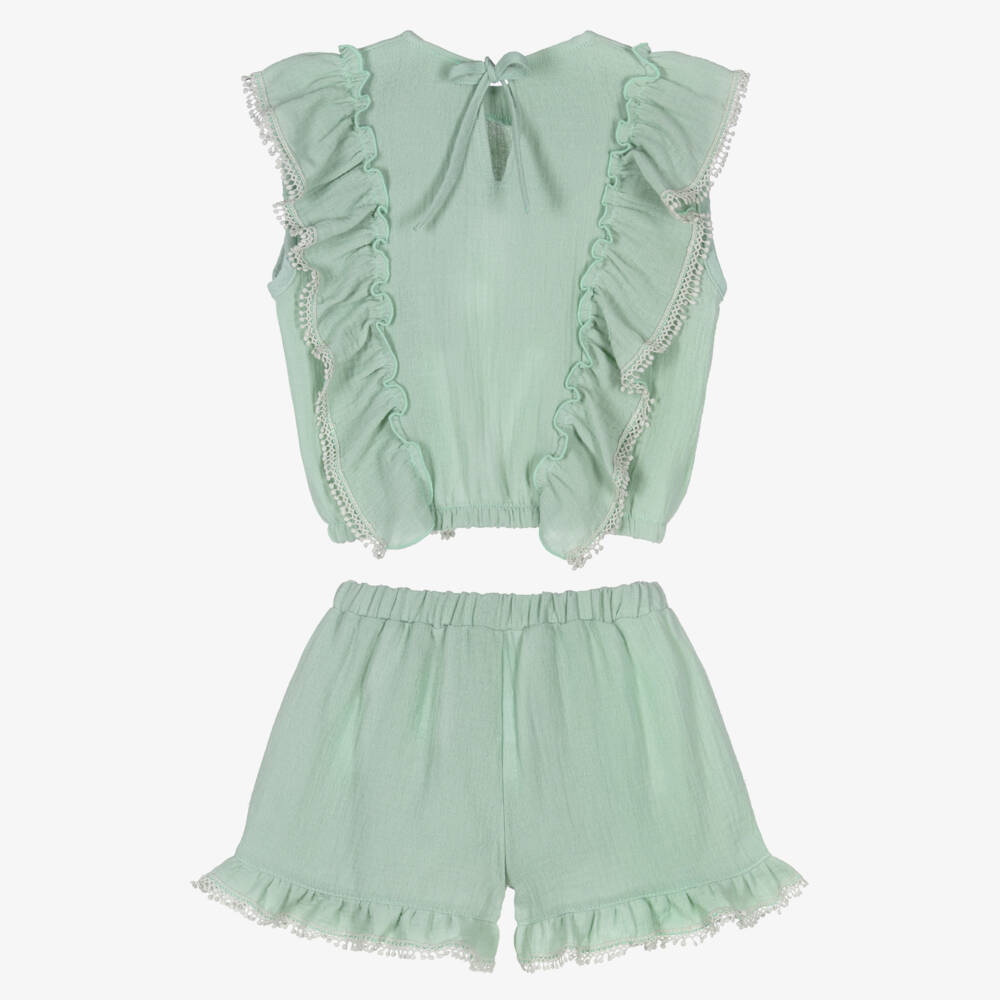 Jamiks-Girls Mint Green Cheesecloth Ruffled Shorts Set | Childrensalon Outlet