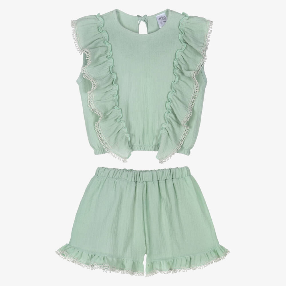 Jamiks-Girls Mint Green Cheesecloth Ruffled Shorts Set | Childrensalon Outlet
