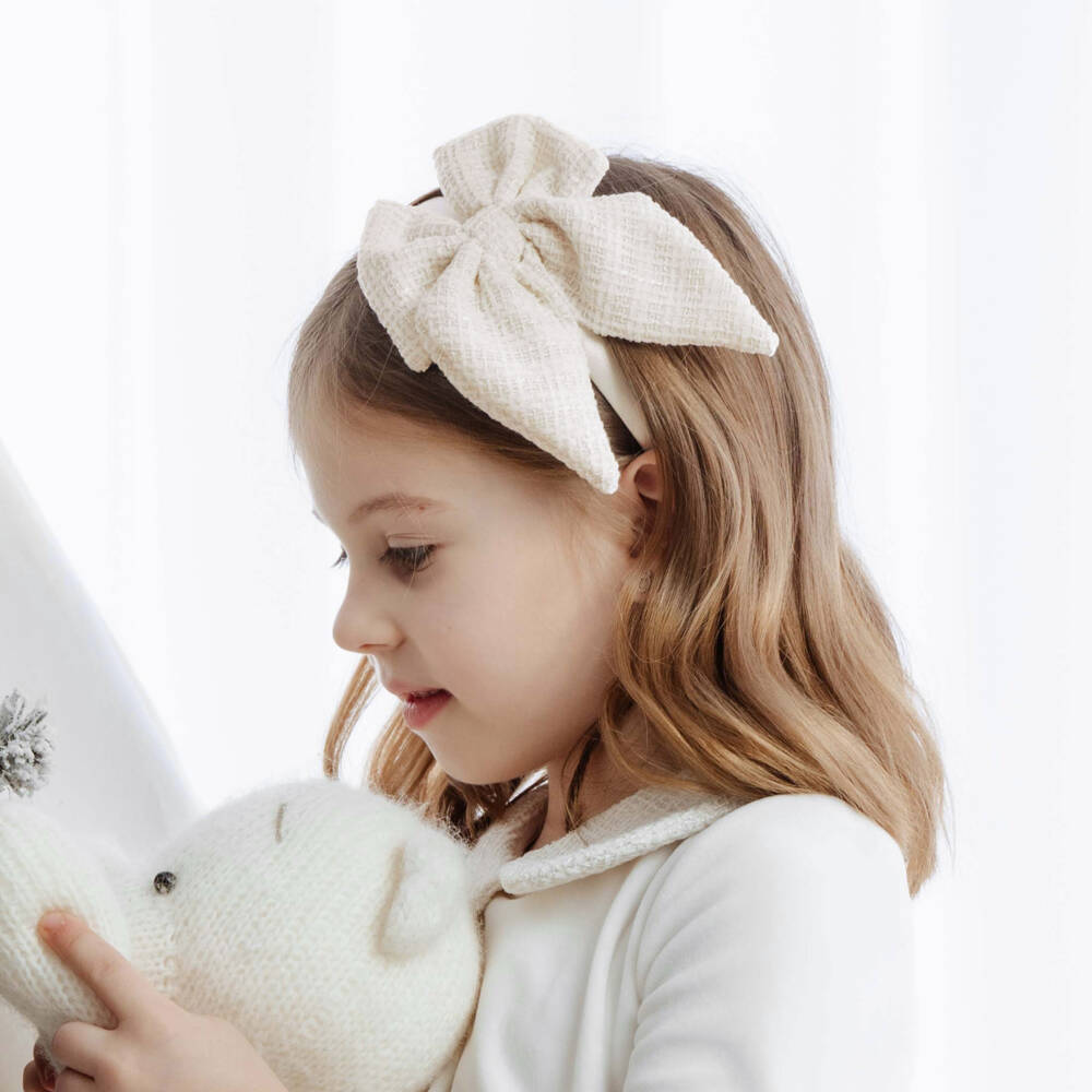 Jamiks-Girls Pale Ivory Tweed Bow Hairband | Childrensalon Outlet