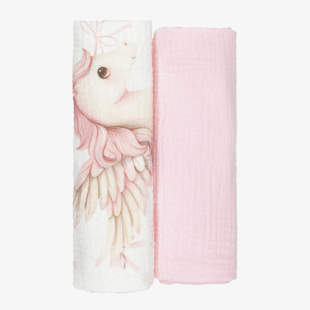 Jamiks-Girls Pink Cotton Flying Horse Muslin Cloths (2 Pack) | Childrensalon Outlet