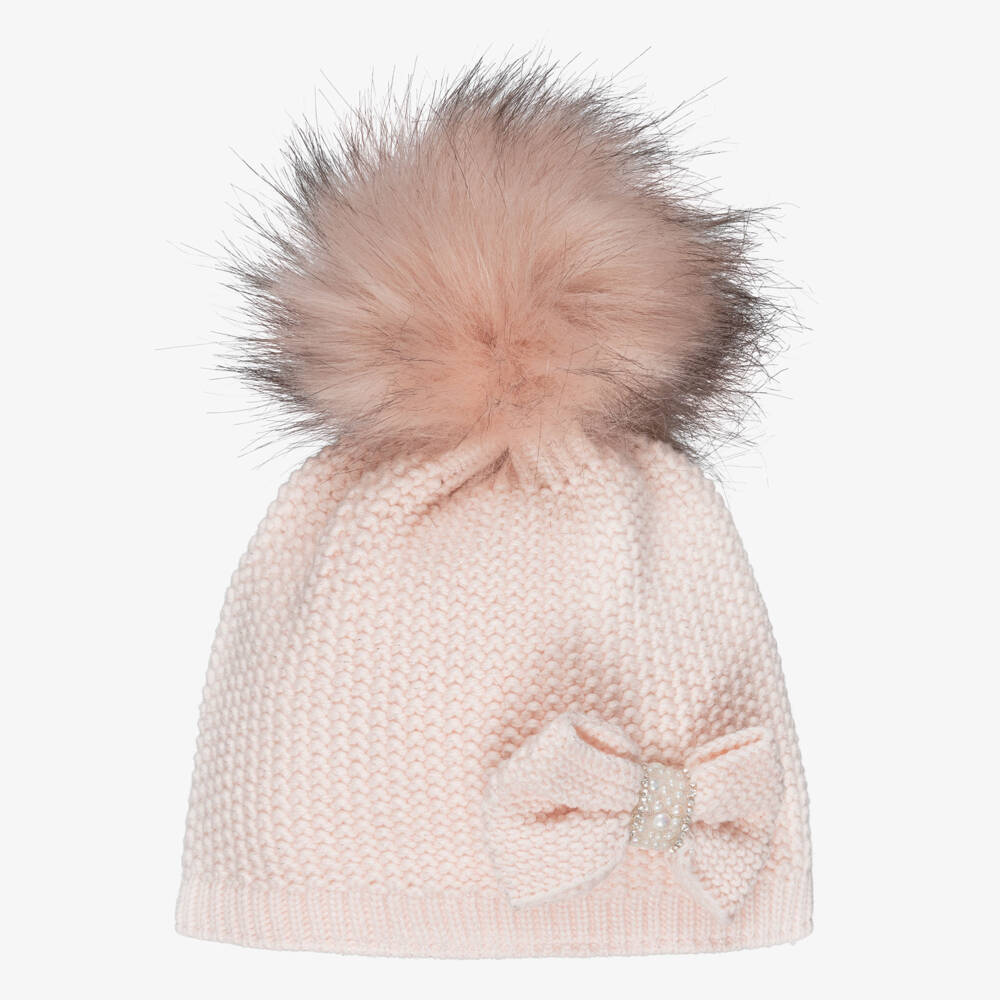 Jamiks-Girls Pink Knitted Hat with Bow & Faux Fur Pom-Pom | Childrensalon Outlet