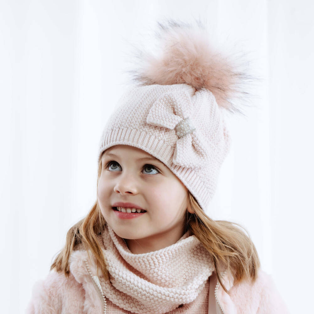Jamiks-Girls Pink Knitted Hat with Bow & Faux Fur Pom-Pom | Childrensalon Outlet