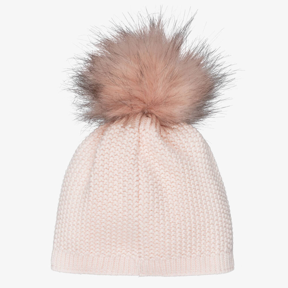 Jamiks-Girls Pink Knitted Hat with Bow & Faux Fur Pom-Pom | Childrensalon Outlet
