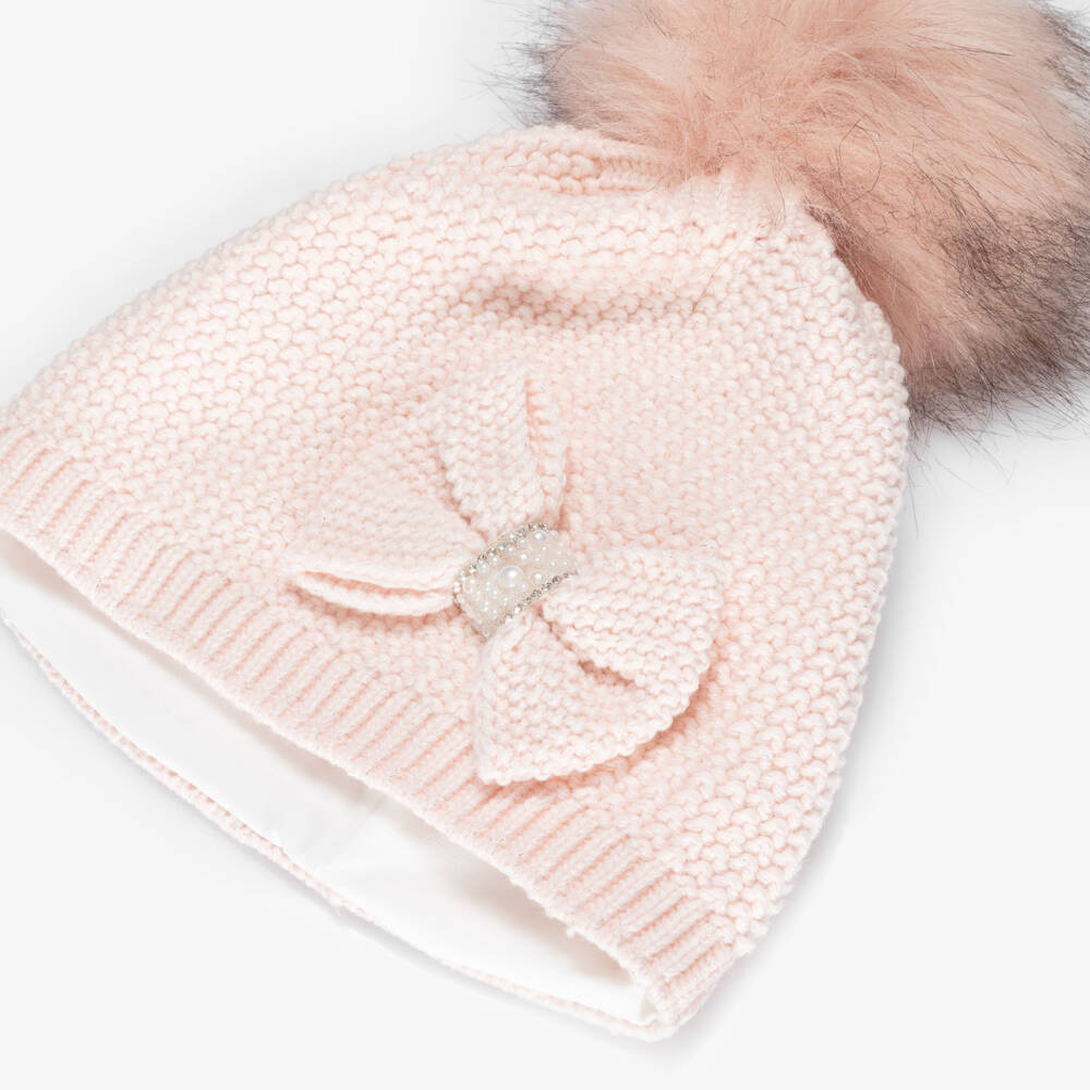 Jamiks-Girls Pink Knitted Hat with Bow & Faux Fur Pom-Pom | Childrensalon Outlet