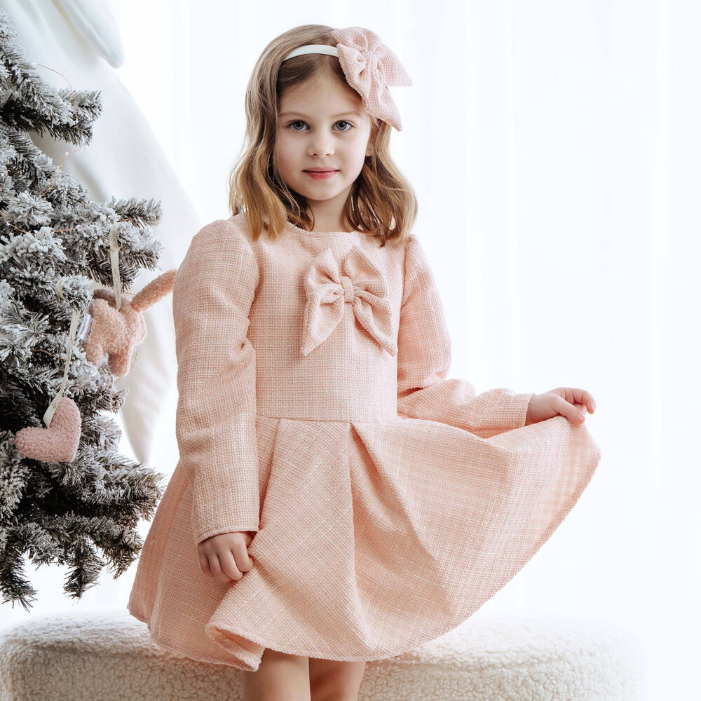 Jamiks-Girls Pleated Pink Tweed Bow Dress | Childrensalon Outlet