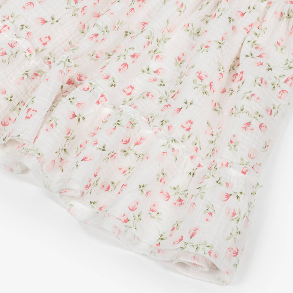 Jamiks-Girls White Cotton Cheesecloth Dress with Pink Rose Pattern | Childrensalon Outlet
