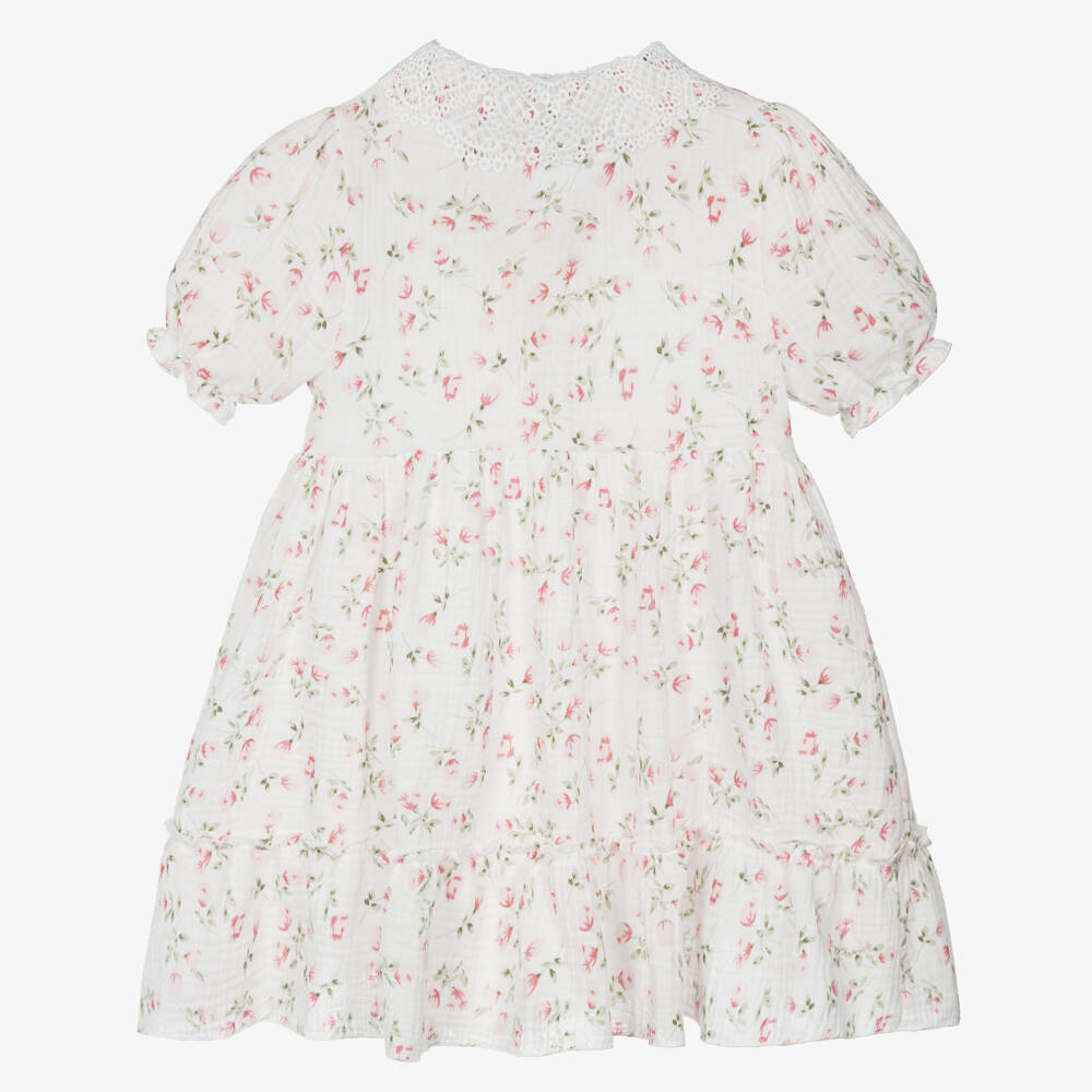 Jamiks-Girls White Cotton Cheesecloth Dress with Pink Rose Pattern | Childrensalon Outlet