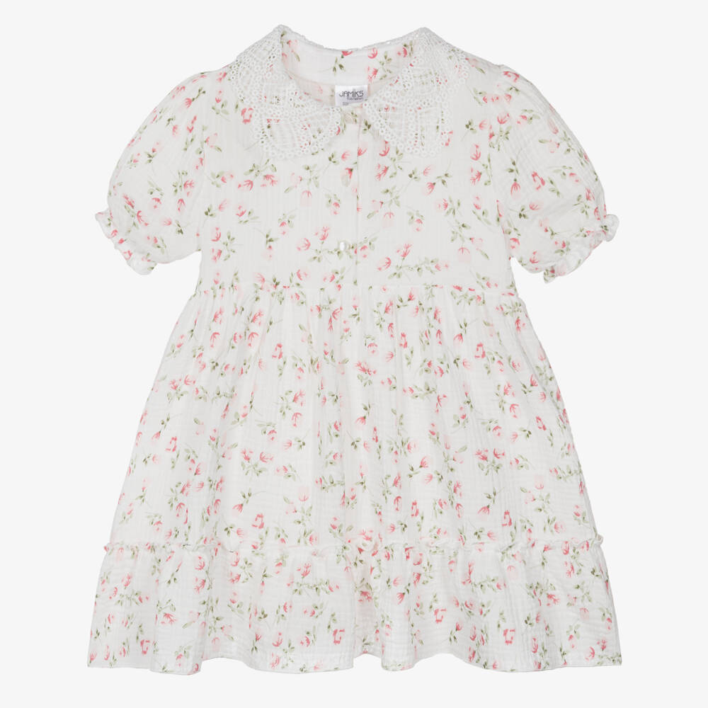 Jamiks-Girls White Cotton Cheesecloth Dress with Pink Rose Pattern | Childrensalon Outlet