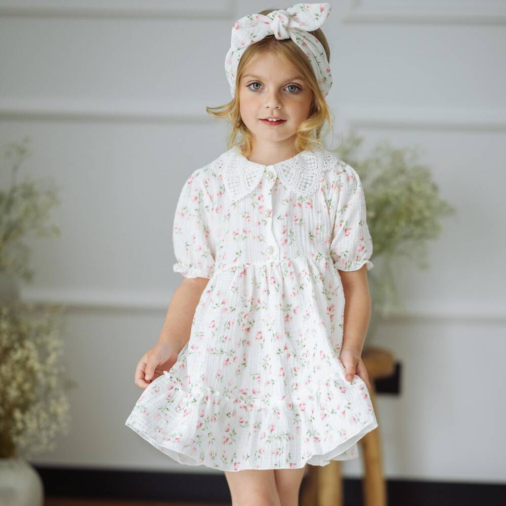 Jamiks-Girls White Cotton Cheesecloth Dress with Pink Rose Pattern | Childrensalon Outlet