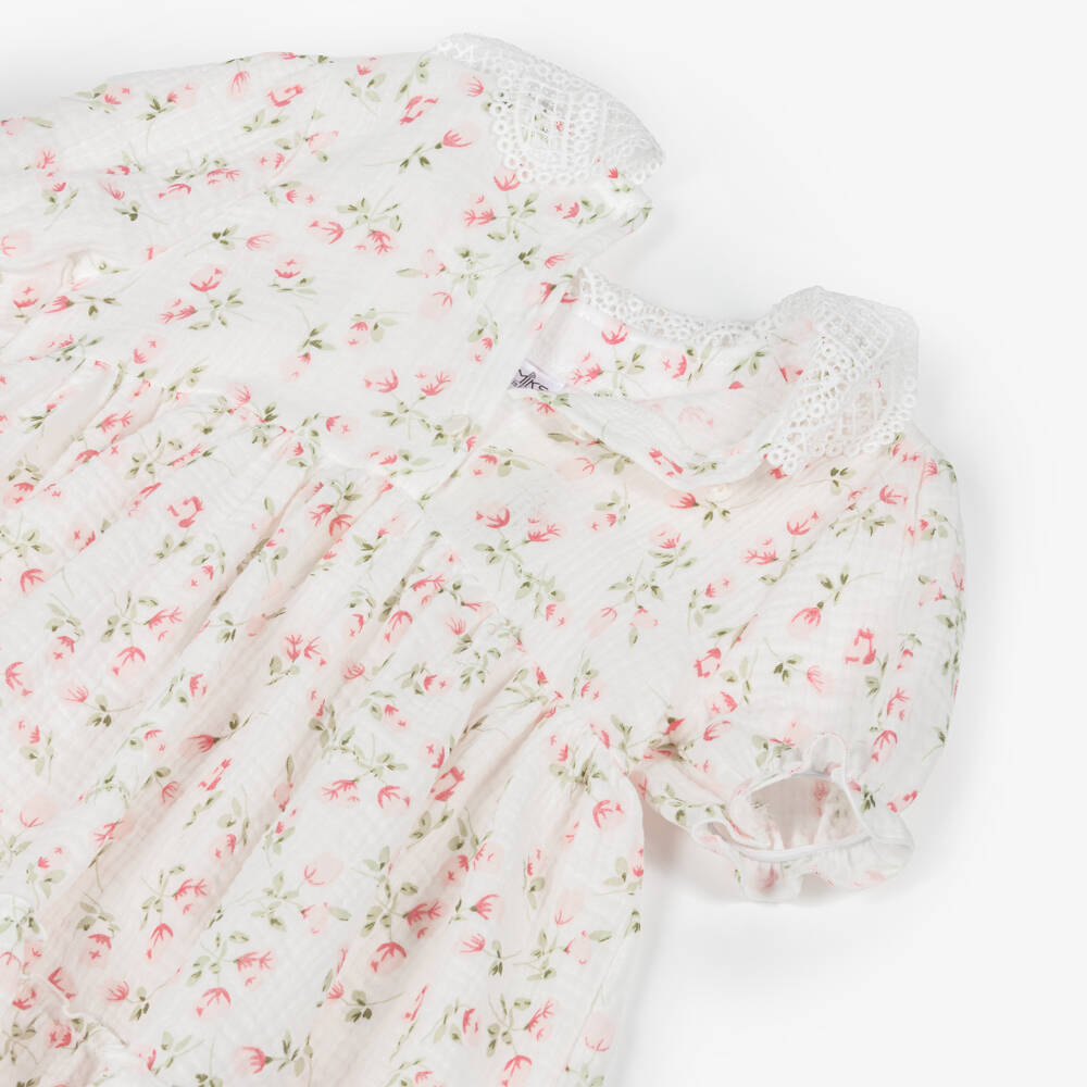 Jamiks-Girls White Cotton Cheesecloth Dress with Pink Rose Pattern | Childrensalon Outlet
