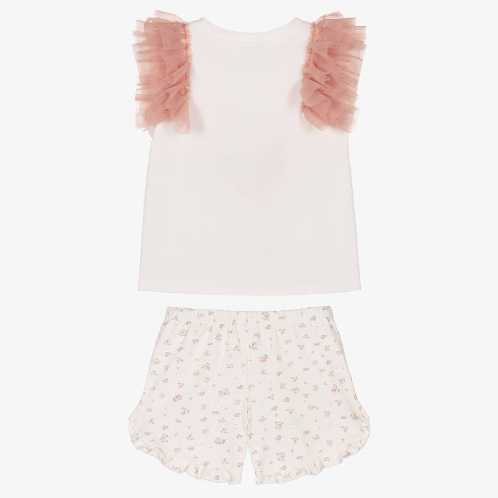 Jamiks-Girls White Cotton Shorts Set with Girl Motif & Tulle Trims | Childrensalon Outlet