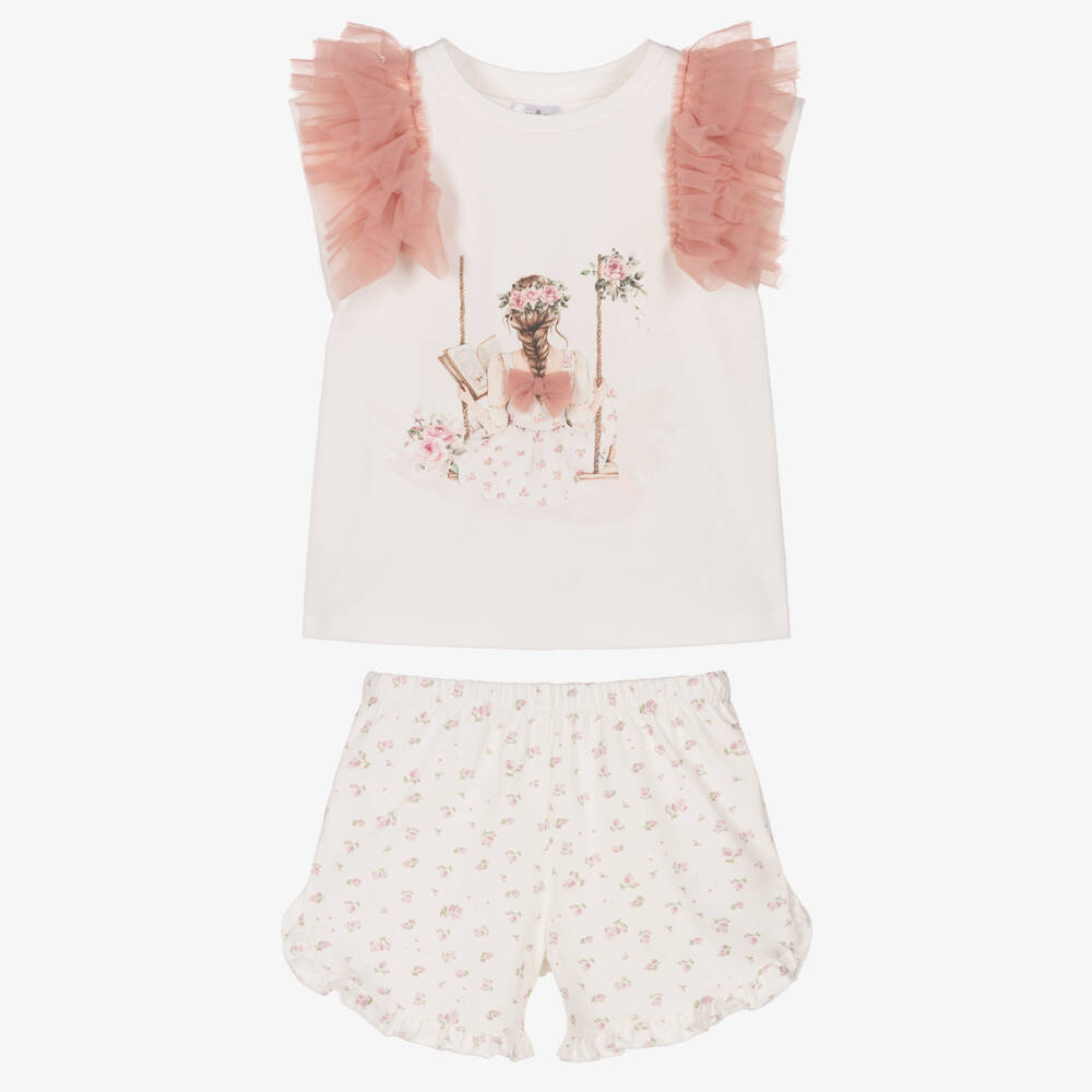 Jamiks-Girls White Cotton Shorts Set with Girl Motif & Tulle Trims | Childrensalon Outlet