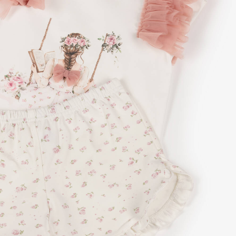 Jamiks-Girls White Cotton Shorts Set with Girl Motif & Tulle Trims | Childrensalon Outlet
