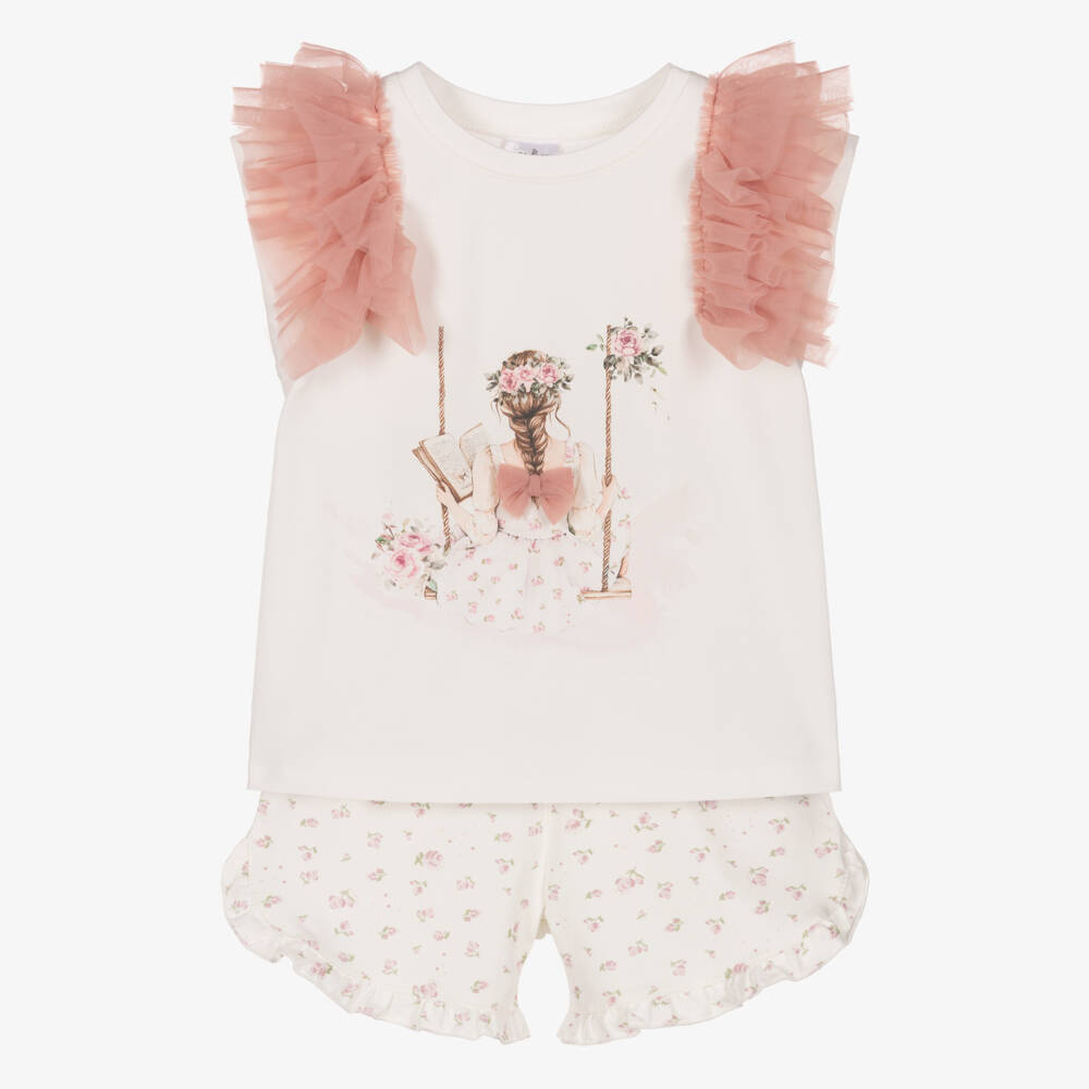 Jamiks-Girls White Cotton Shorts Set with Girl Motif & Tulle Trims | Childrensalon Outlet