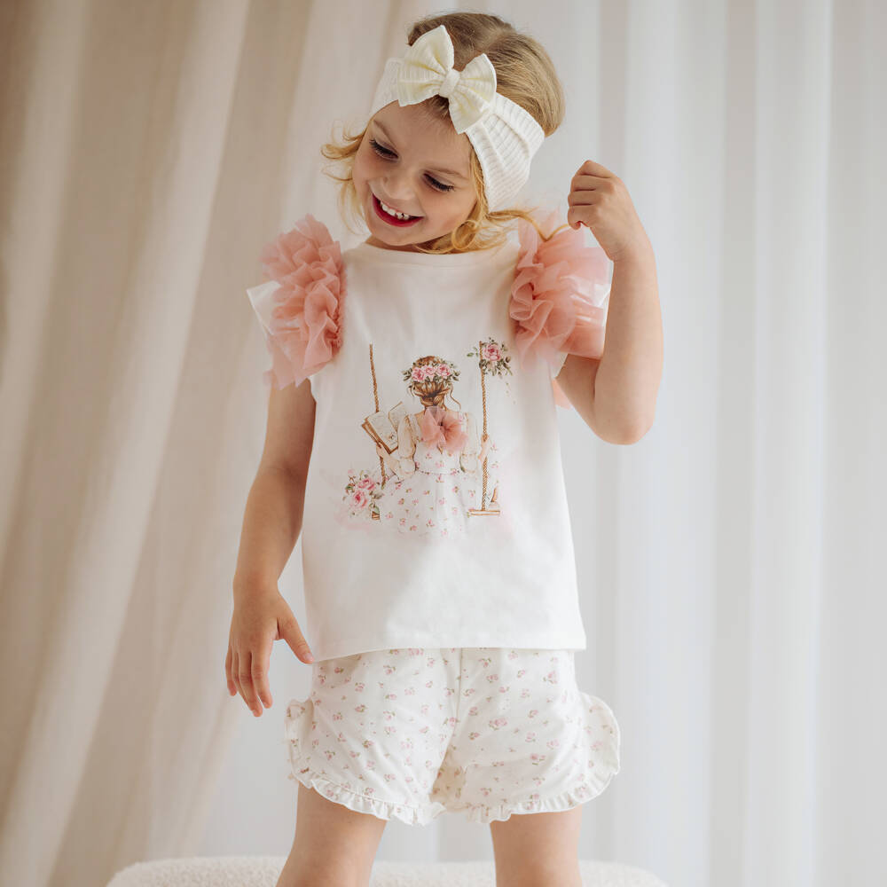 Jamiks-Girls White Cotton Shorts Set with Girl Motif & Tulle Trims | Childrensalon Outlet