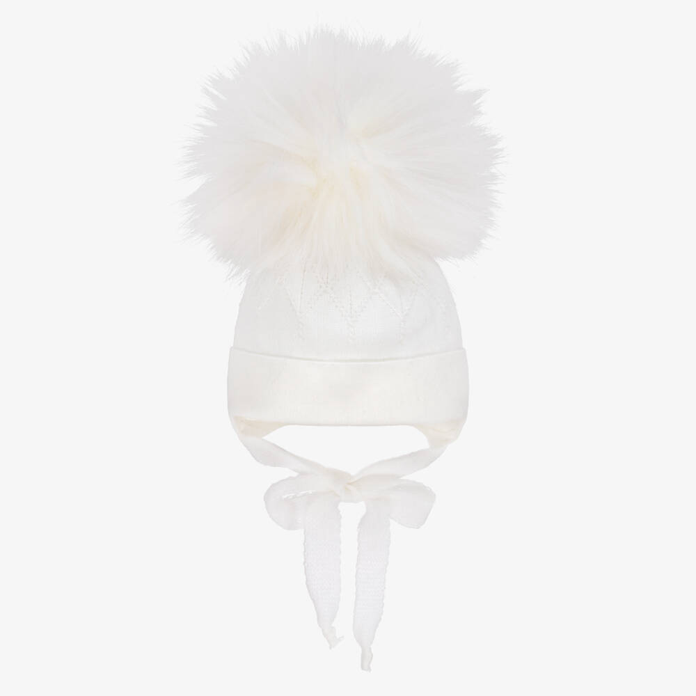 Jamiks-Ivory Diamond-Knit Baby Hat with Faux Fur Pom-Pom | Childrensalon Outlet