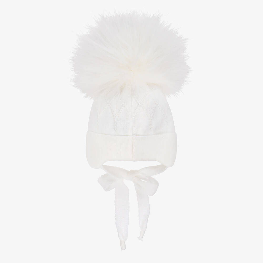 Jamiks-Ivory Diamond-Knit Baby Hat with Faux Fur Pom-Pom | Childrensalon Outlet