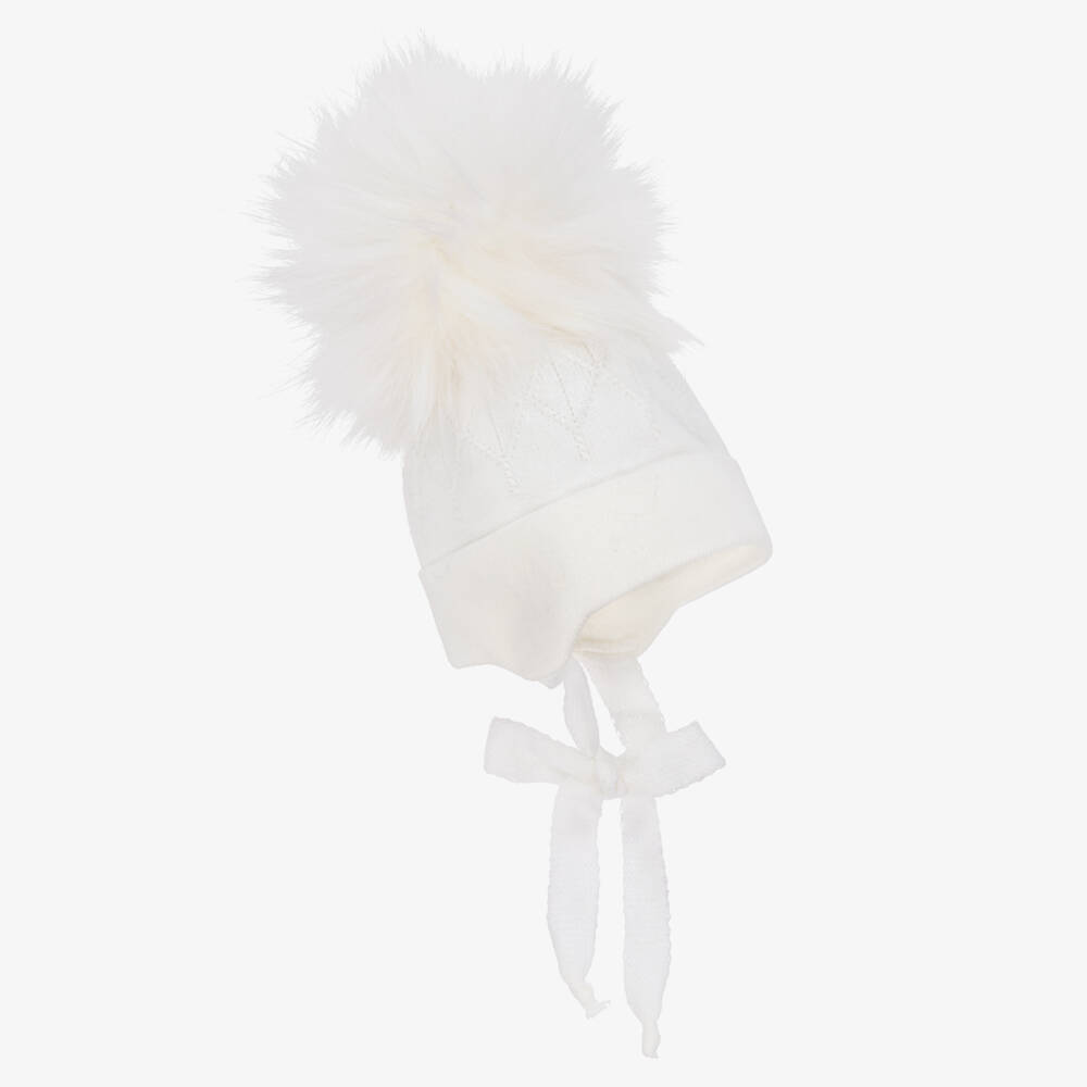 Jamiks-Ivory Diamond-Knit Baby Hat with Faux Fur Pom-Pom | Childrensalon Outlet