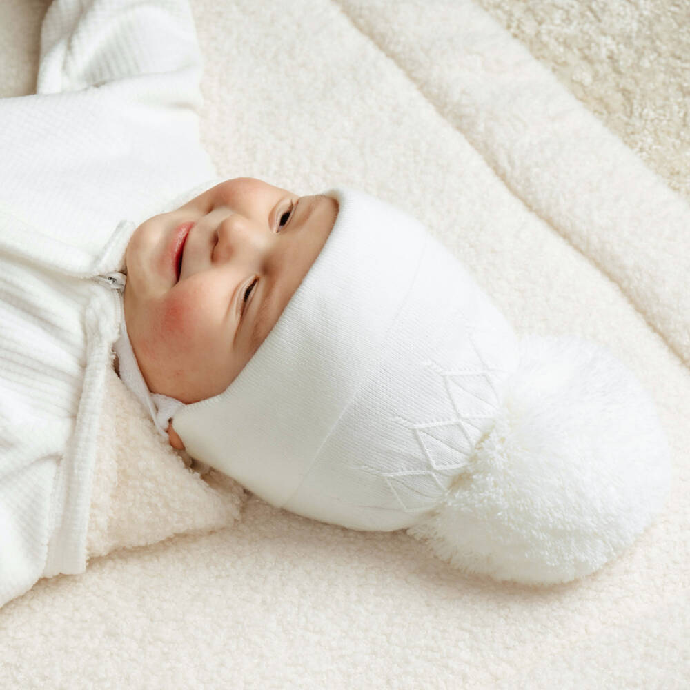 Jamiks-Ivory Diamond-Knit Baby Hat with Faux Fur Pom-Pom | Childrensalon Outlet