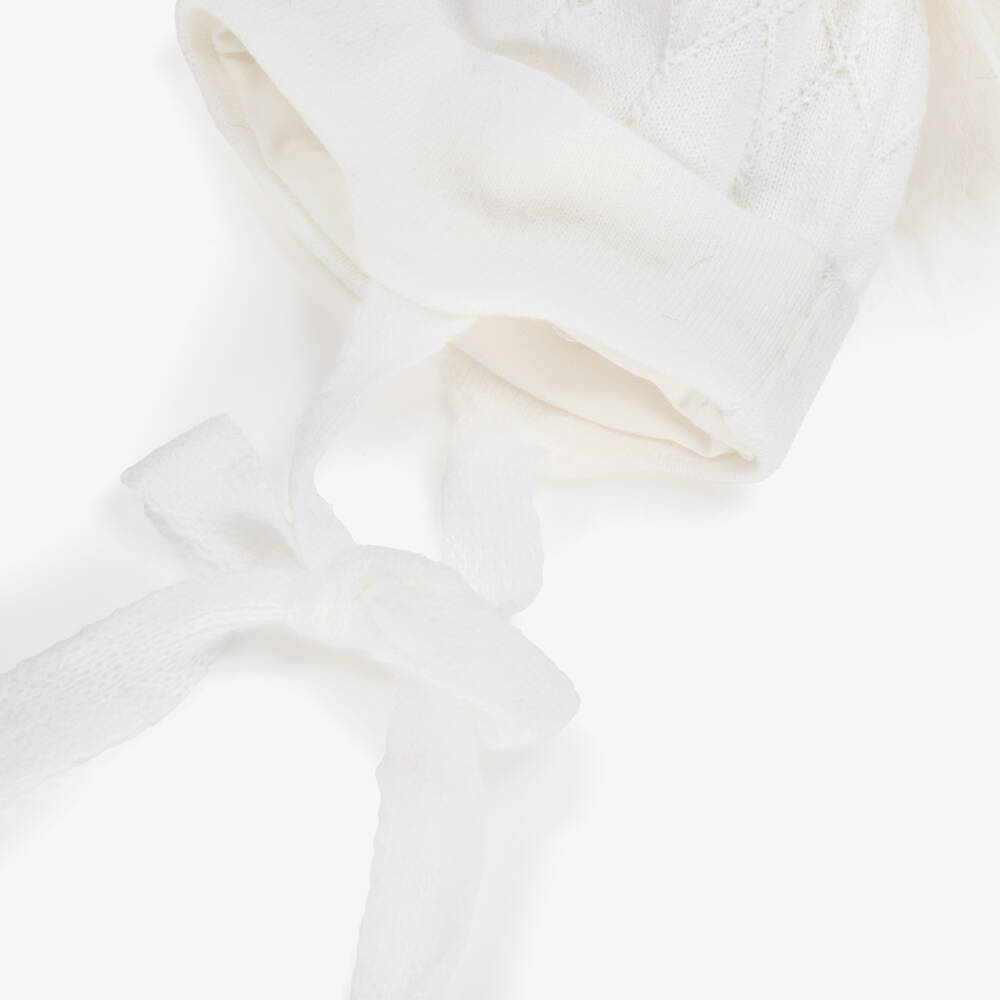 Jamiks-Ivory Diamond-Knit Baby Hat with Faux Fur Pom-Pom | Childrensalon Outlet