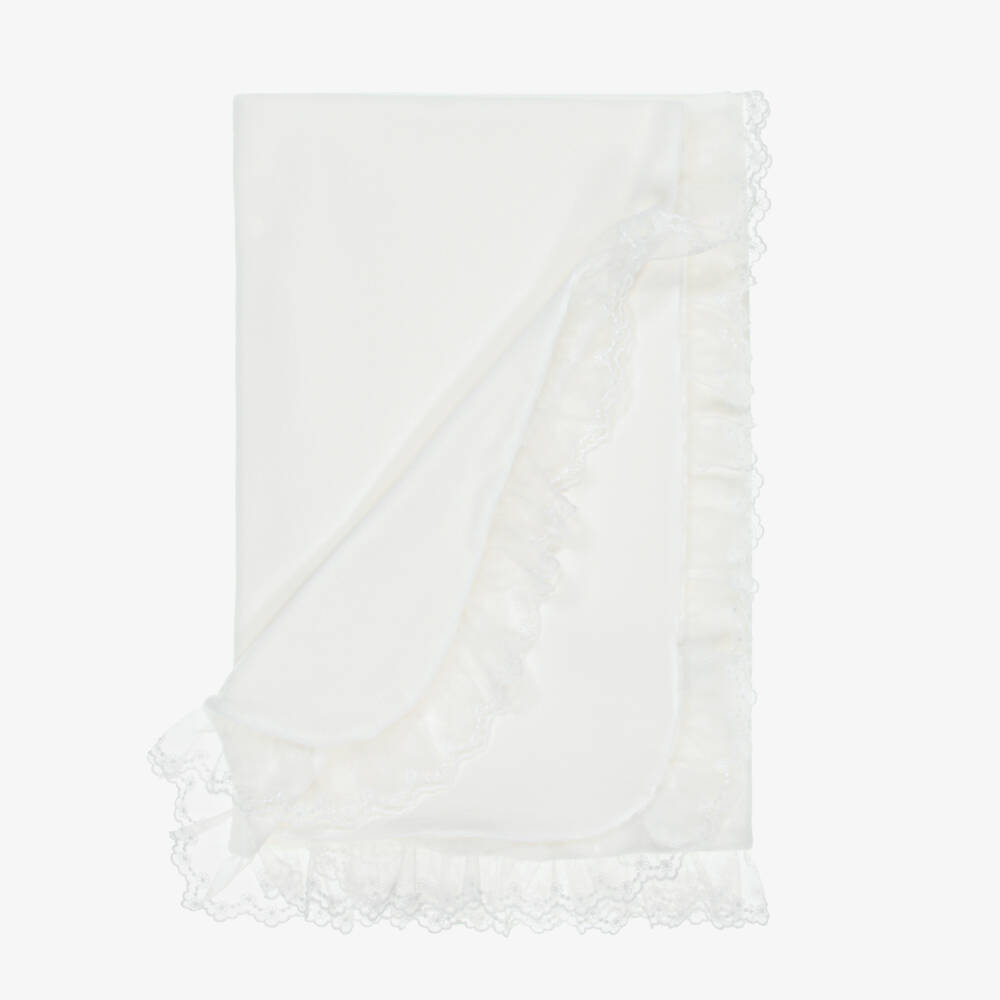 Jamiks-Ivory Velour Baby Blanket with Lace Trim (85cm) | Childrensalon Outlet