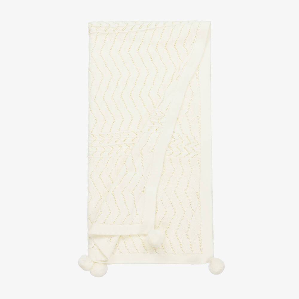 Jamiks-Ivory Viscose Knit Pom-Pom Blanket (100cm) | Childrensalon Outlet