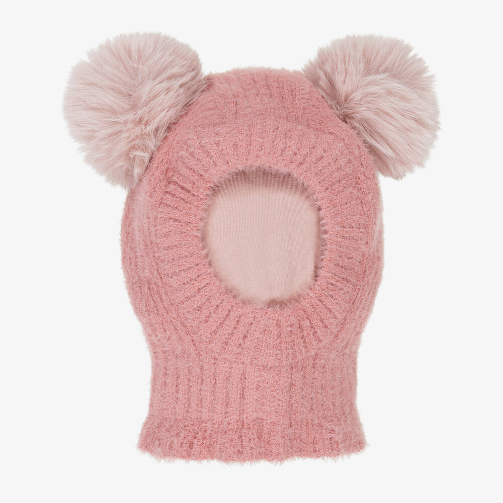 Jamiks-Pink Fluffy-Knit Pom-Pom Balaclava  | Childrensalon Outlet