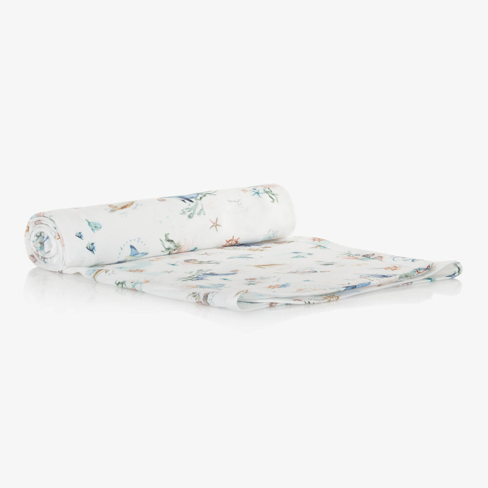 Jamiks - White & Blue Ocean Print Swaddle (100cm) | Childrensalon