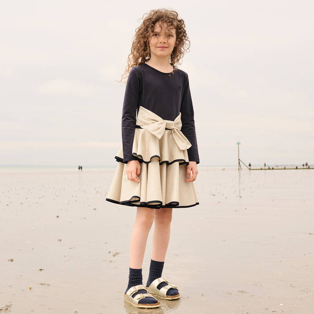 Jessie and James London-Blue & Gold Bow Dress | Childrensalon Outlet
