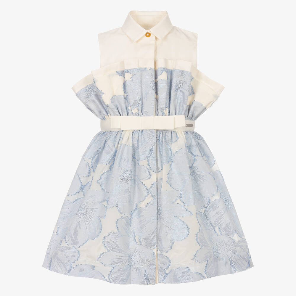 Jessie and James London - Blue & Ivory Floral Jaquard  Dress | Childrensalon
