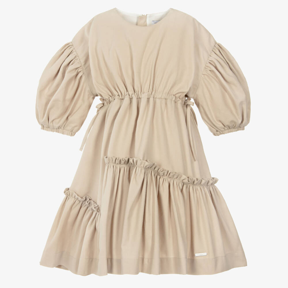 Jessie and James London-Girls Beige Dress with Puffed Sleeves & Ruffles | Childrensalon Outlet
