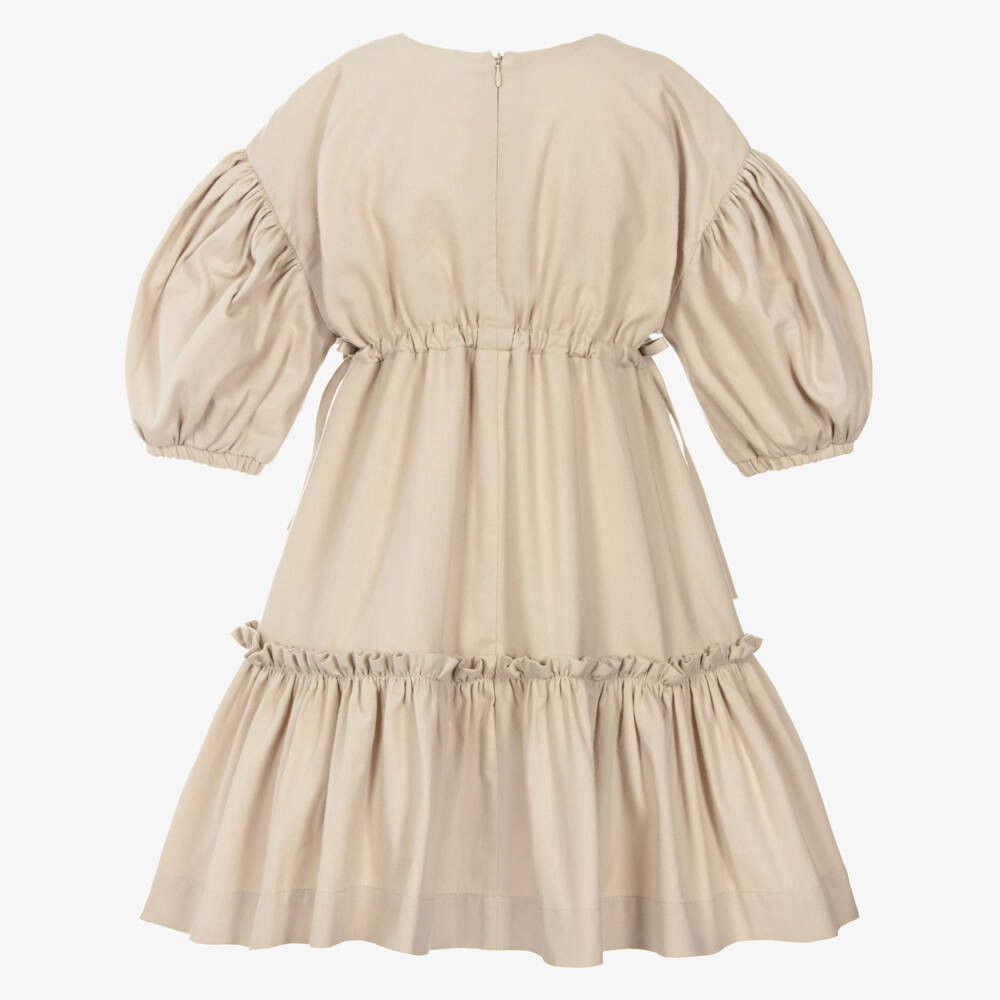 Jessie and James London-Girls Beige Dress with Puffed Sleeves & Ruffles | Childrensalon Outlet
