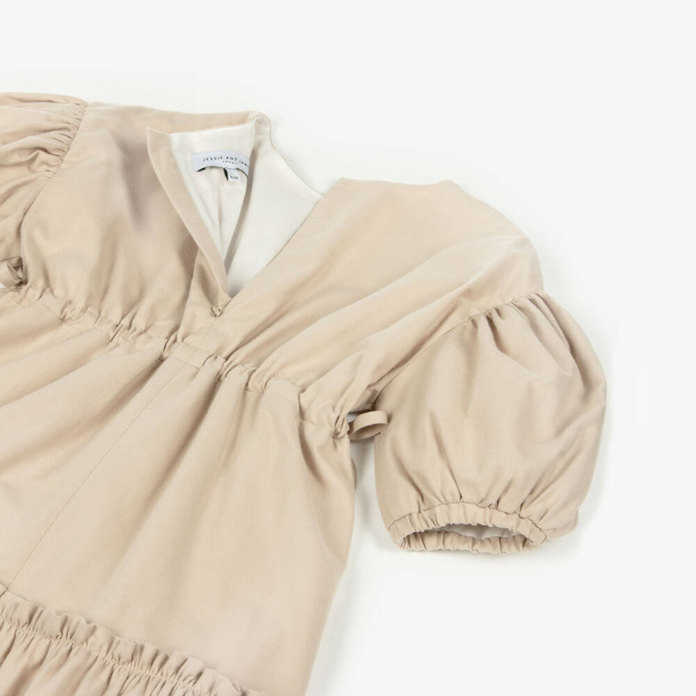 Jessie and James London-Girls Beige Dress with Puffed Sleeves & Ruffles | Childrensalon Outlet