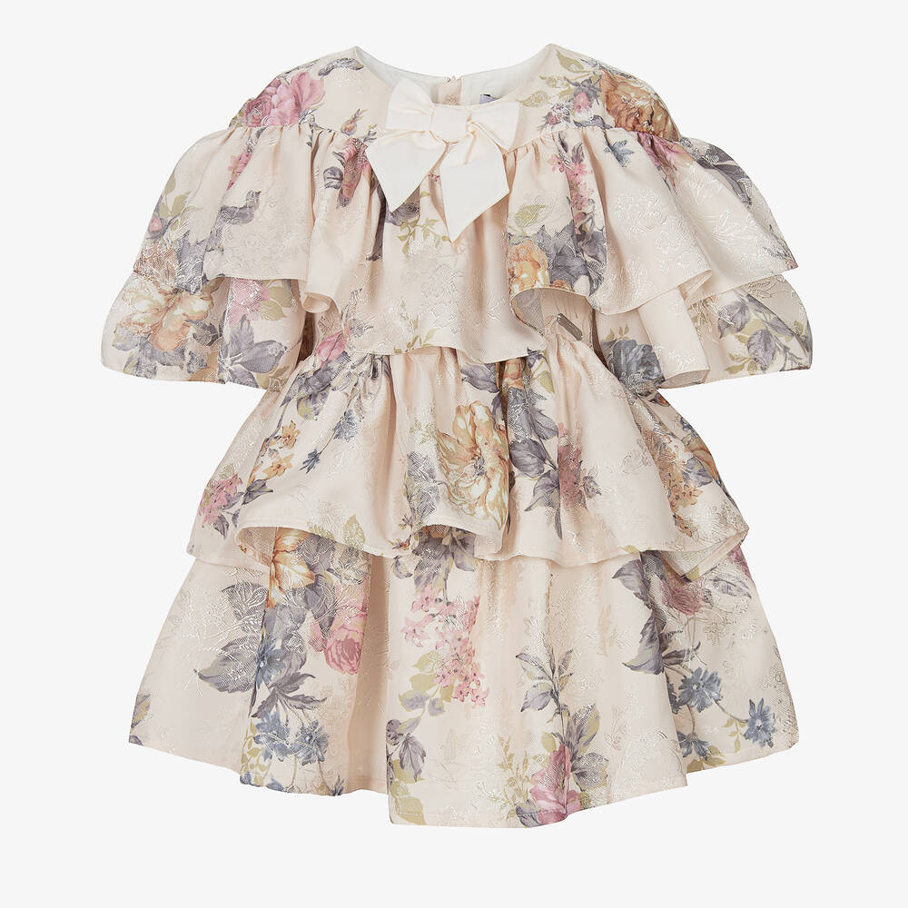 Jessie and James London-Girls Beige Floral Viscose Ruffle Dress | Childrensalon Outlet