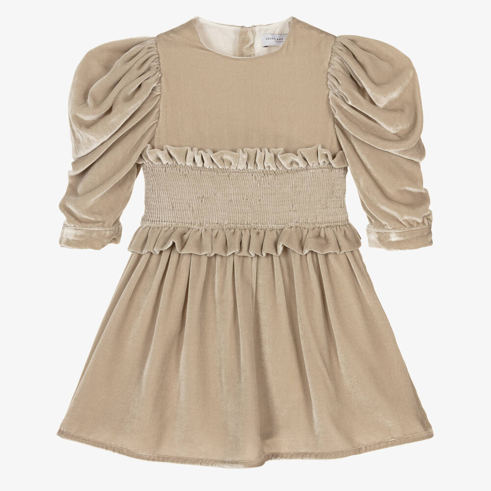 Jessie and James London - Girls Beige Silk Velvet Dress | Childrensalon