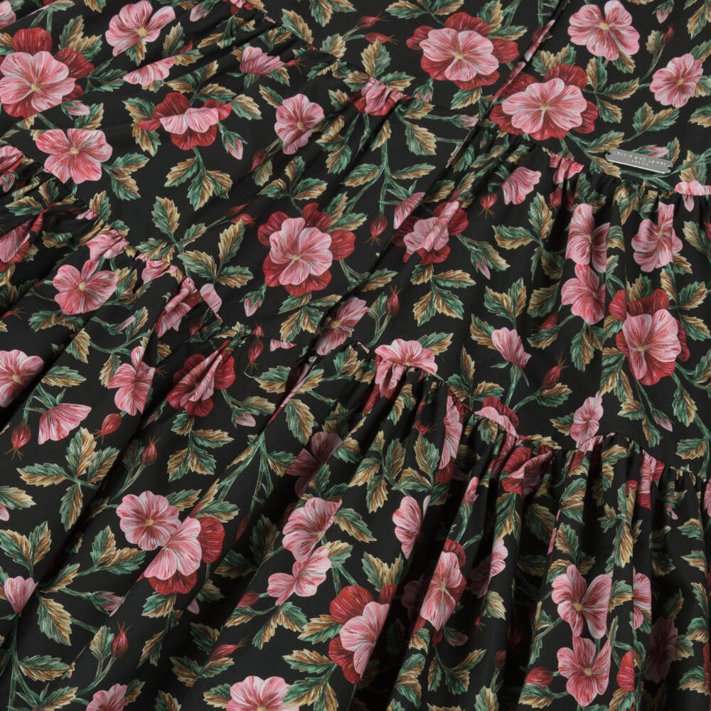 Jessie and James London-Girls Black Cotton Dress with Green Floral Liberty Fabric | Childrensalon Outlet