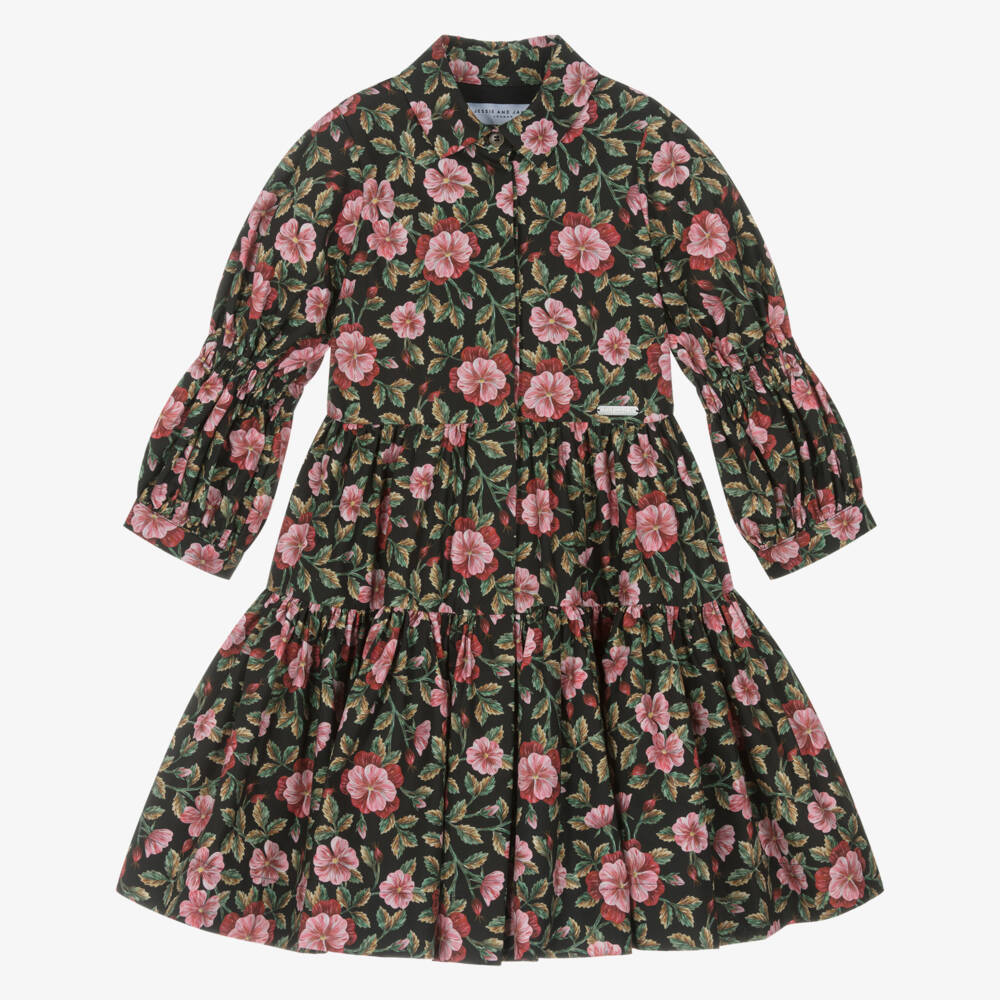 Jessie and James London-Girls Black Cotton Dress with Green Floral Liberty Fabric | Childrensalon Outlet