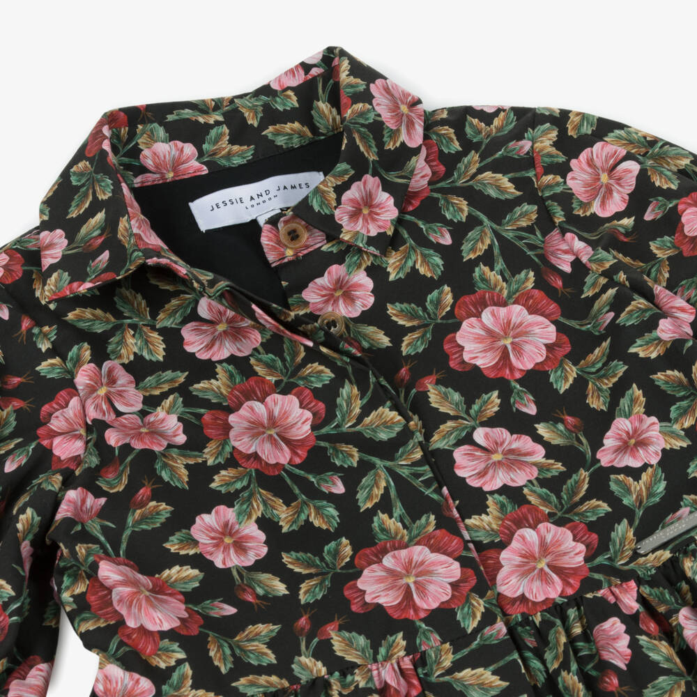 Jessie and James London-Girls Black Cotton Dress with Green Floral Liberty Fabric | Childrensalon Outlet