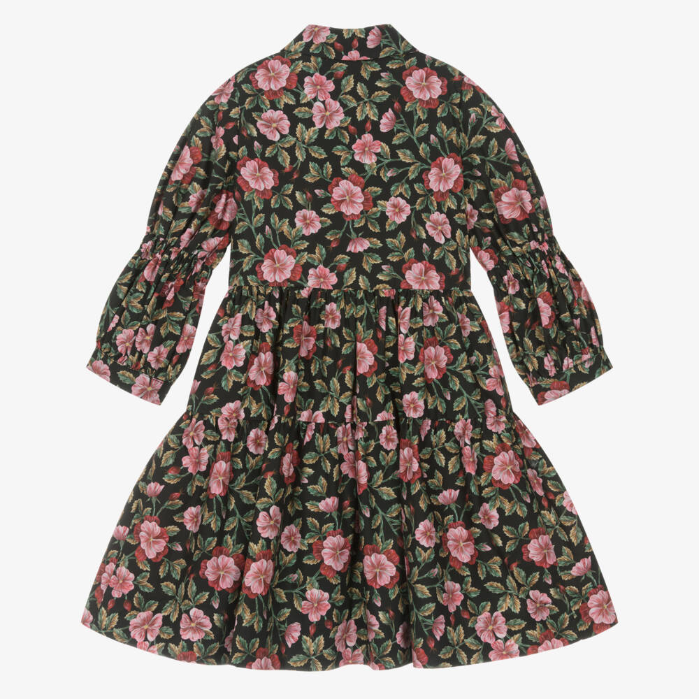 Jessie and James London-Girls Black Cotton Dress with Green Floral Liberty Fabric | Childrensalon Outlet