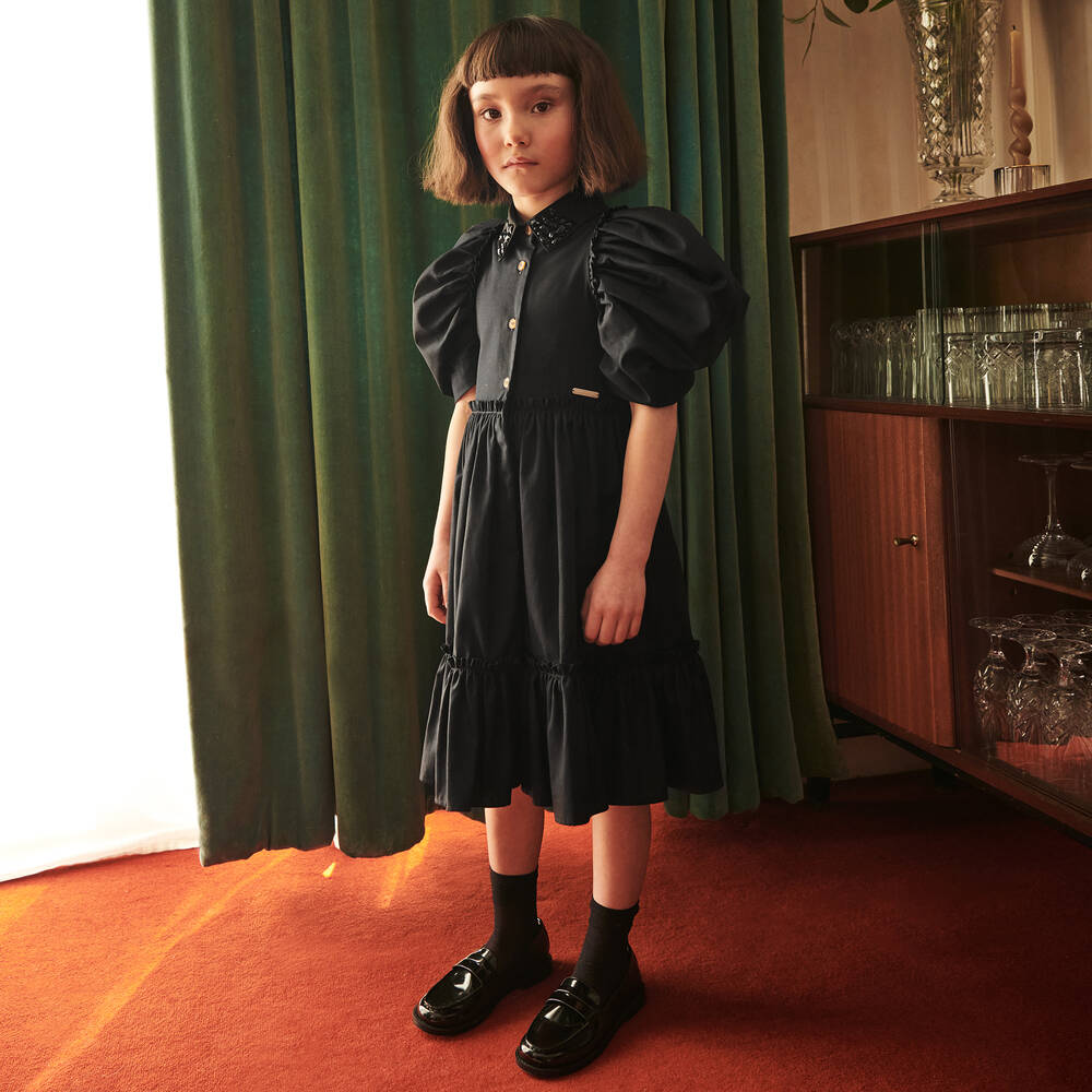 Jessie and James London-فستان بأكمام منفوشة قطن بوبلين لون أسود | Childrensalon Outlet