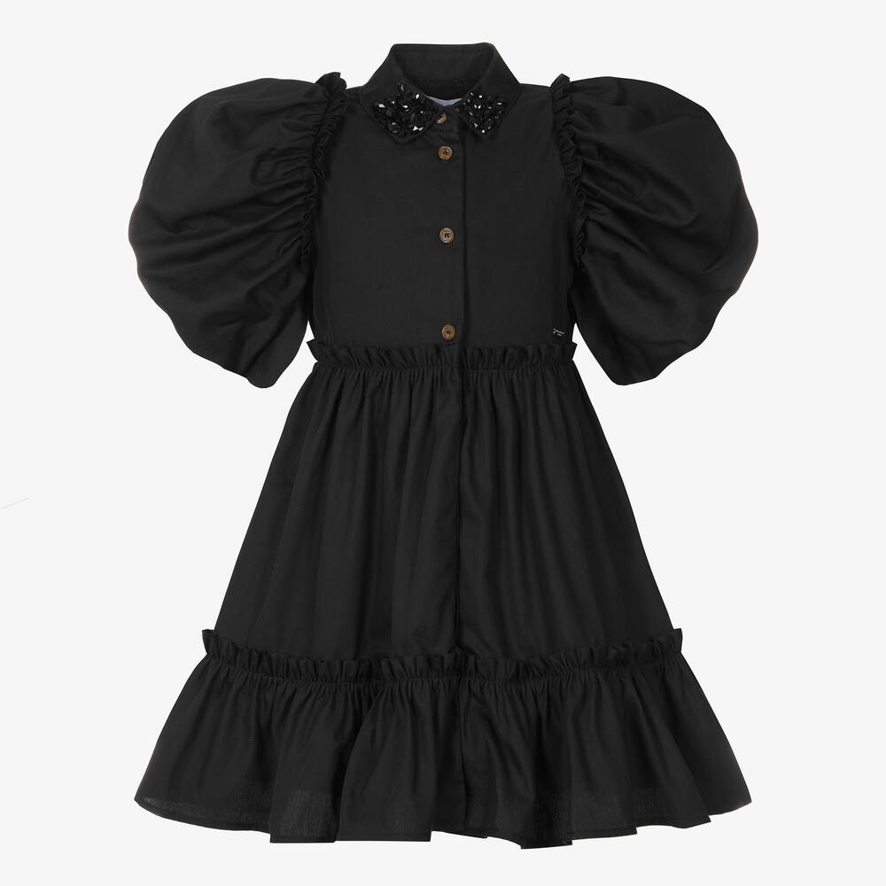 Jessie and James London - Girls Black Cotton Puff Sleeve Dress | Childrensalon