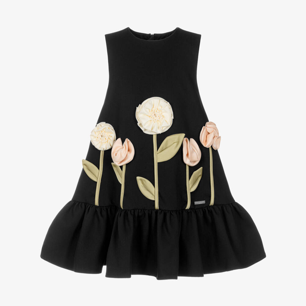 Jessie and James London-Girls Black Cotton Twill 3D Flower Dress | Childrensalon Outlet