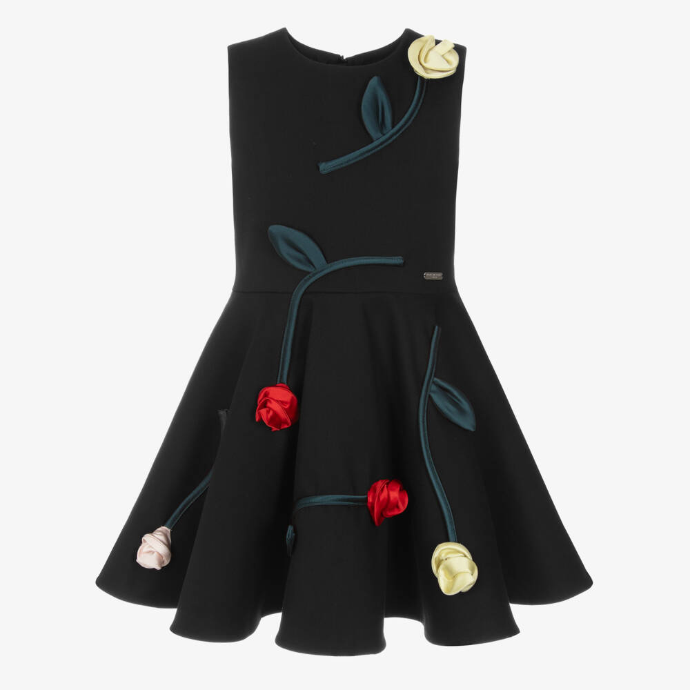 Jessie and James London-Girls Black Satin Dress with 3D Rose Appliqués | Childrensalon Outlet