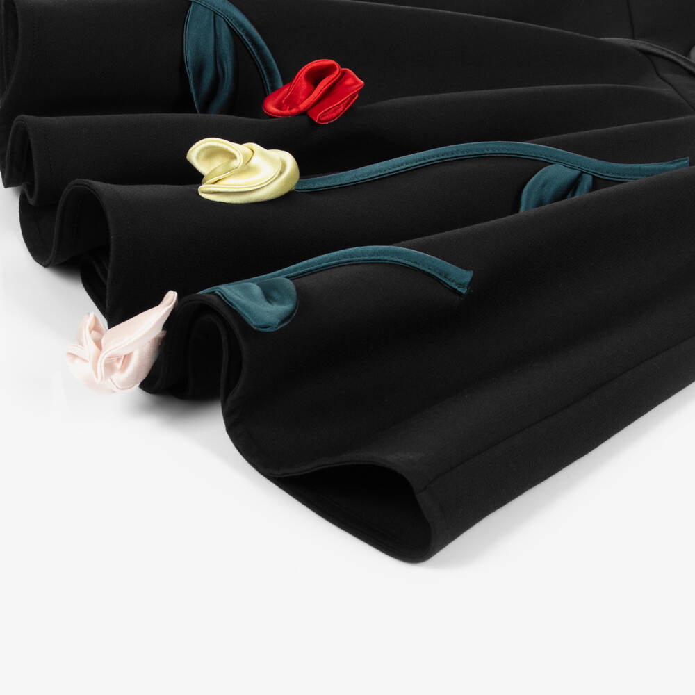 Jessie and James London-Girls Black Satin Dress with 3D Rose Appliqués | Childrensalon Outlet