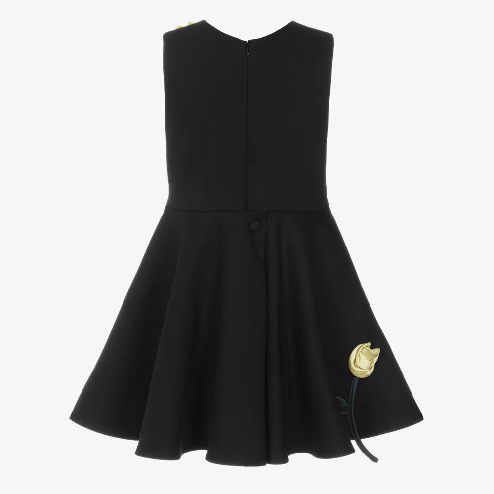 Jessie and James London-Girls Black Satin Dress with 3D Rose Appliqués | Childrensalon Outlet