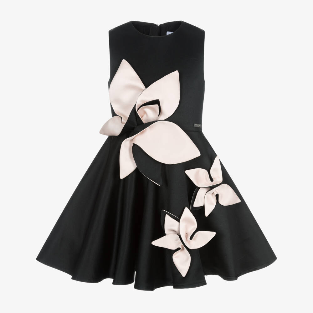 Jessie and James London-Girls Black Satin Dress with Pink Floral Appliqués | Childrensalon Outlet