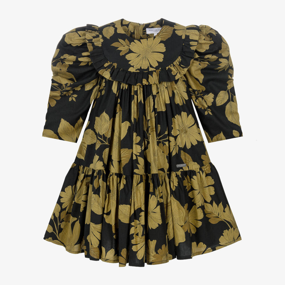Jessie and James London-Girls Black & Yellow Floral Pattern Dress  | Childrensalon Outlet